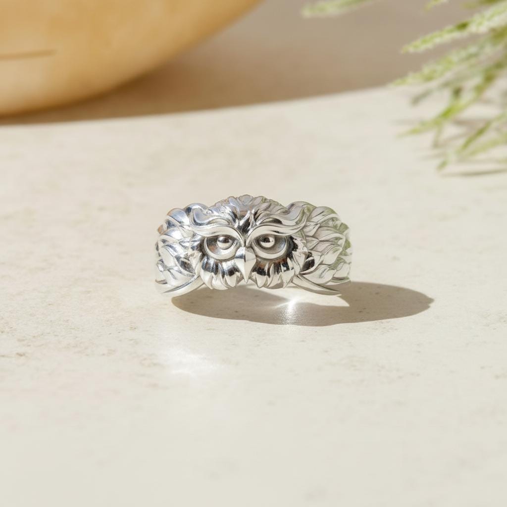 Owl Ring 925 Sterling Silver Polished Animal Jewelry Wisdom Symbol Bird Sculpture