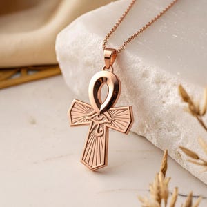 Rose Gold Eye of Horus Ankh Pendant, Sterling Silver Egyptian Amulet