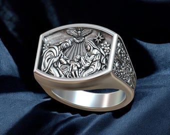 Sterling Silver Nativity Ring: Handmade Unisex Religious Jewelry