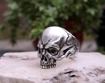 Sterling Silver Skull Ring: Handcrafted Gothic Biker Statement Jewelry