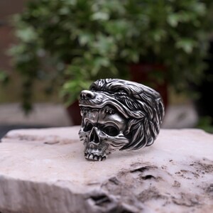 Handmade Sterling Silver Wolf Skull Ring - Gothic Biker Jewelry