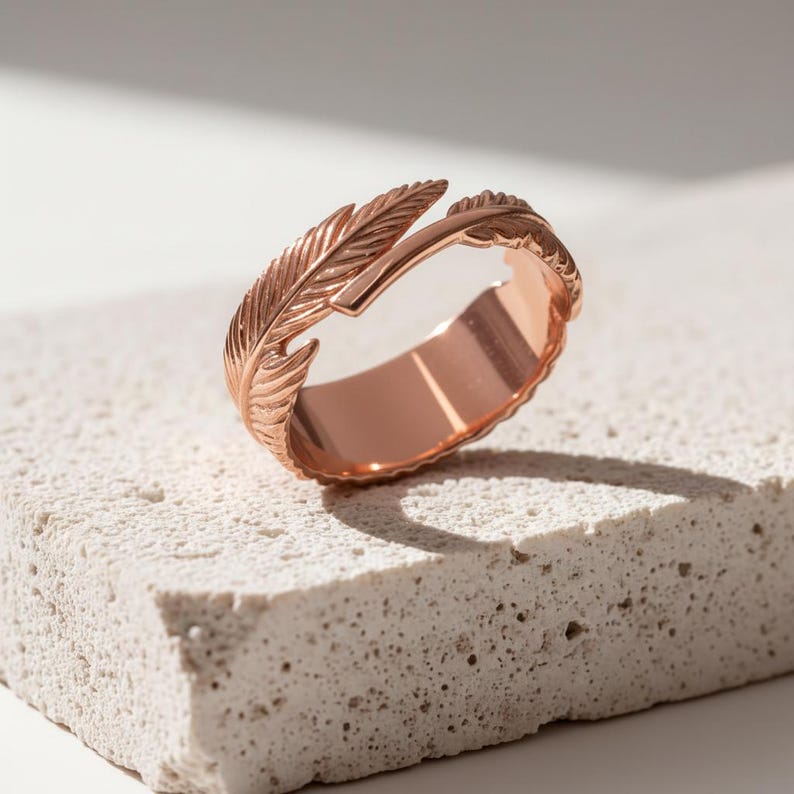 Feather Ring, 14K Gold Vermeil Sterling Silver Angel Wing Band Rose Plated Silver