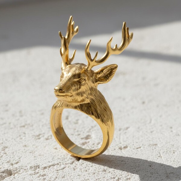 14K Gold Vermeil Deer Ring, 925 Sterling Silver Stag Head Jewelry