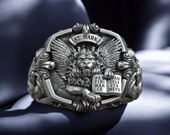 Saint Mark Lion Signet Ring: 925 Sterling Silver Religious Jewelry