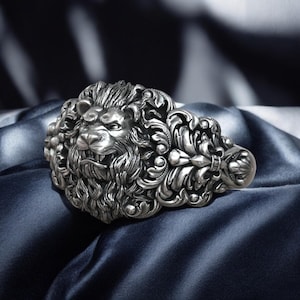 Leeuwenkop Barokpatroon Royal Fleur De Lis Unisex-ring 925 sterlingzilver Elegante sieraden Handgemaakt Uniek statement Stuk Verstelbaar Cadeau