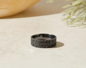 Textured Sterling Silver Wedding Band: Rhodium Plated Brick Ring