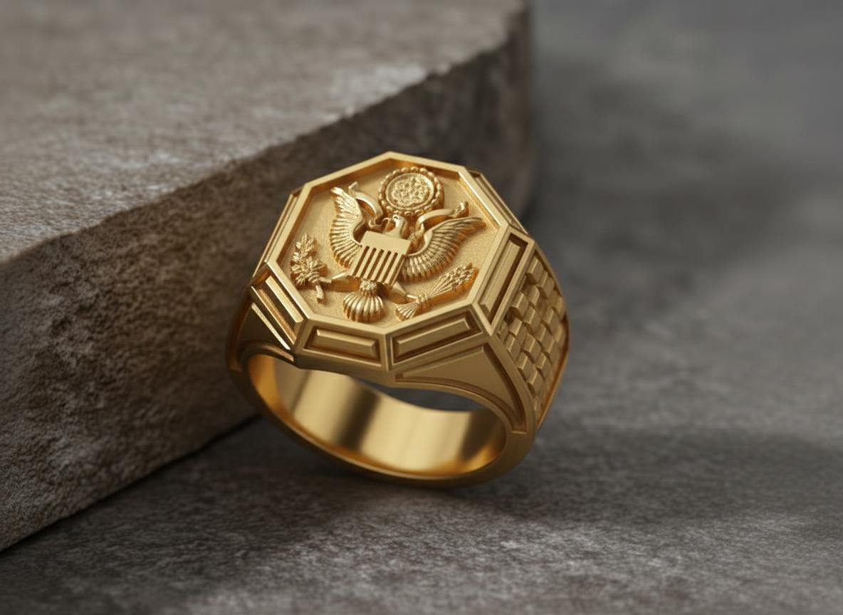 14K Gold Vermeil American Eagle Ring, 925 Sterling Silver Signet