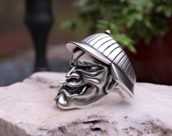 Sterling Silver Hannya Mask Ring, Japanese Oni Demon Samurai Jewelry