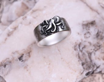 Oxidized Sterling Silver Octopus Ring: Kraken Tentacle Nautical Jewelry