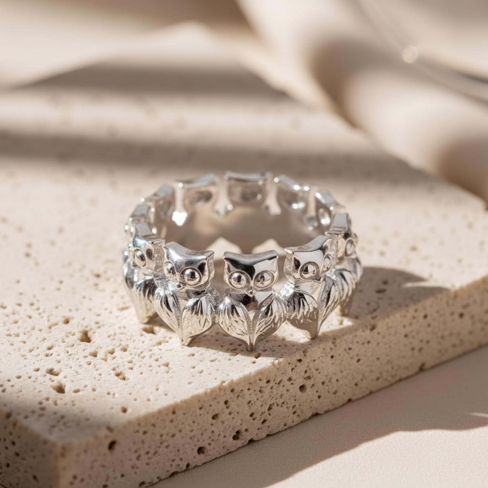 Owl Eternity Ring 925 Sterling Silver Polished Finish Nature Band Bird Lover Gift Unisex Jewelry