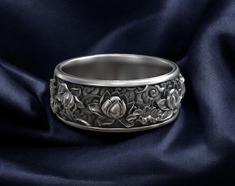 Japanese Lotus Flower Sterling Silver Wedding Band: Handmade Kanji Ring