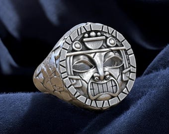 Aztec Maya Mask Ring: Sterling Silver Tribal Statement Jewelry