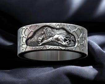 Lion Family 925 Sterling Silver Wedding Band Promise Rings - Unisex Adjustable Matching Set