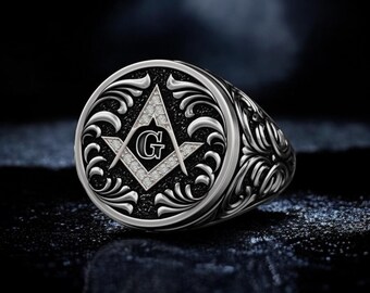 Bague Homme Argent 925 Motif Tête De Mort Maçonnique - Compas Et équerre, Neuve Sans Emballage