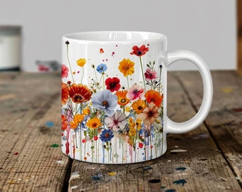 Taza de flores prensadas, taza de arte de acuarela con flores silvestres, taza de café floral, regalo de inauguración de la casa para amantes de la jardinería, regalo para ella