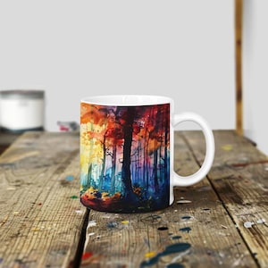 Fall Colors Tree Mug Watercolor Forest Cup Woods Coffee Mug Sunset Tea Cup Rustic Nature Mug Forest Scene Gift For Garden Lover Gift For Her