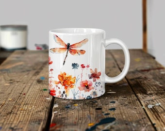 Dragonfly Mug Watercolor Art Mug With Floral Dragonfly Coffee Mug Spring Flower Nature Cup Housewarming Gift For Garden Lovers Gift For Her