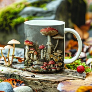 Op de afbeelding: Een witte keramische mok met een kleurrijke illustratie van paddenstoelen op een donkere achtergrond. De mok heeft een handvat en staat op een bed van mos en bladeren.
