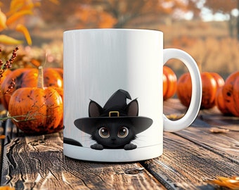 Black Cat Halloween Mug, Witch Cat Design (11oz)
