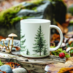 Watercolor Forest Mug Trees Coffee Mug Rustic Tree Print Cup Evergreen Forest Tea Cup Scenic Nature Mug Gift For Nature Lover Gift For Her