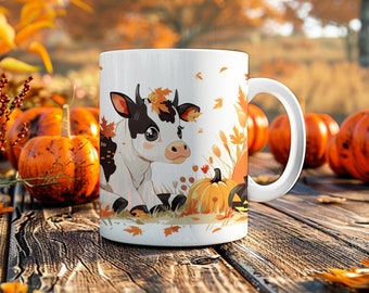 Op de afbeelding: Witte keramische mok met een zwart-witte cartoonkoe met herfstbladeren en een pompoen op een houten tafel met herfstbladeren.