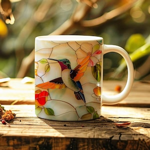 Puede incluir: Una taza de cer&aacute;mica blanca con un dise&ntilde;o de vitral que presenta un colibr&iacute; con acentos naranja, verde y azul. La taza tiene un asa negra y est&aacute; sentada sobre una superficie de madera.