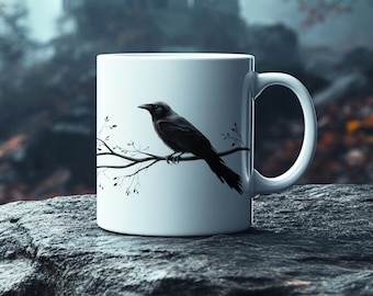 Taza de café de cuervo negro, taza gótica, arte espeluznante, estética oscura, regalo de Halloween para amantes de las aves