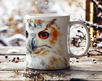 Taza de búho cornudo, taza de arte de acuarela, regalo para amantes de los búhos, taza de café de cerámica con diseño de pájaro, regalo de inauguración de la casa para amantes de la naturaleza, regalo para entusiastas de las aves, regalo para ella
