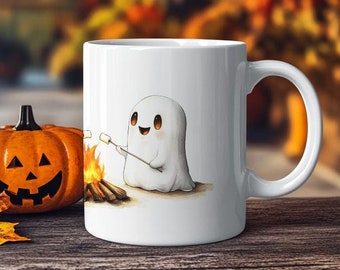 Cute Ghost Bonfire Mug, Spooky Halloween Coffee Cup