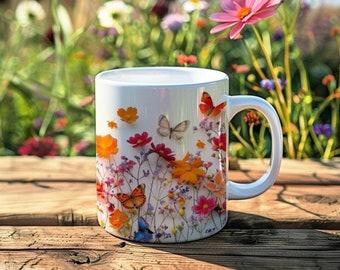 Mok geperste bloem vlindermok met wilde bloemen bloemen koffiemok botanische natuur housewarming cadeau voor tuinliefhebbers cadeau voor haar