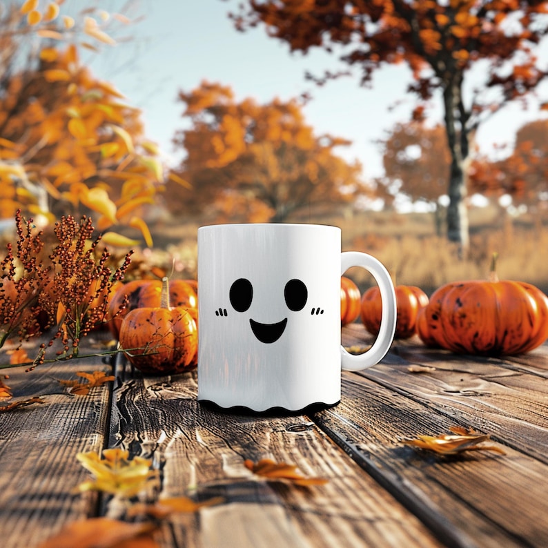 May include: White ceramic mug with a ghost face design. The mug has a black outline and a smiling mouth. The mug is sitting on a wooden table with fall leaves scattered around it.