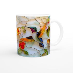 Taza de vitral con colibrí, taza de café con diseño floral de naturaleza, regalo botánico para inauguración de casa para amantes de los colibríes, regalo para ella, taza única imagen 4