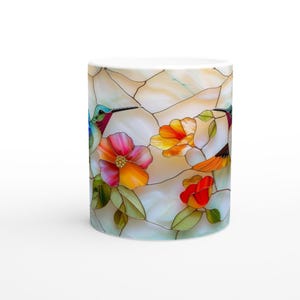 Taza de vitral con colibrí, taza de café con diseño floral de naturaleza, regalo botánico para inauguración de casa para amantes de los colibríes, regalo para ella, taza única imagen 3