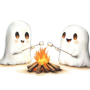 Puede incluir: Dos fantasmas blancos con caras sonrientes asan malvaviscos sobre una fogata. El fuego es naranja y amarillo con troncos debajo.