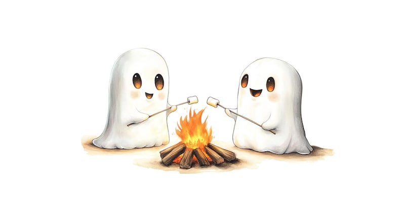 Puede incluir: Dos fantasmas blancos con caras sonrientes asan malvaviscos sobre una fogata. El fuego es naranja y amarillo con troncos debajo.