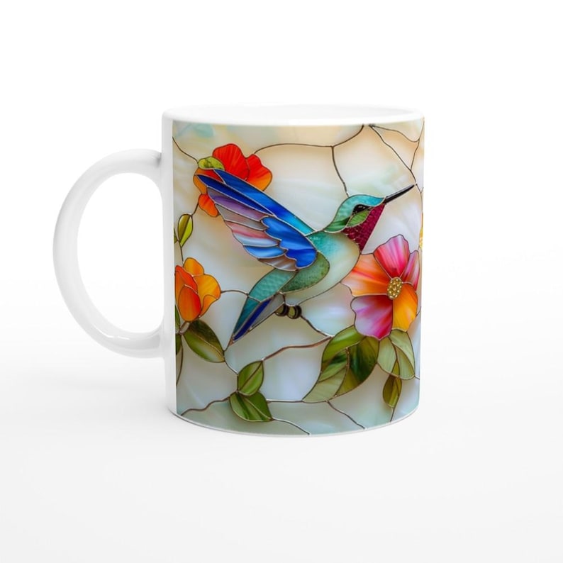 Taza de vitral con colibrí, taza de café con diseño floral de naturaleza, regalo botánico para inauguración de casa para amantes de los colibríes, regalo para ella, taza única imagen 2