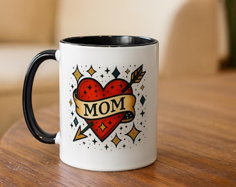 Mom Heart Mug Traditional Heart Tattoo Ceramic Coffee Mug Tattoo Art Coffee Mug Mom Gift Present Gift for Tattoo Mom