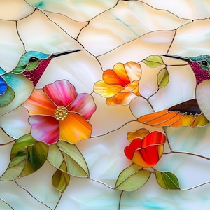 Puede incluir: Dos colibr&iacute;es de vidrio coloreado con las alas extendidas est&aacute;n posados en una vid floral con flores rosas, naranjas y amarillas. El fondo es una superficie de vidrio blanco agrietado.