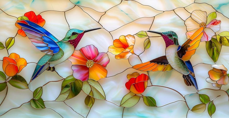 Puede incluir: Dos colibr&iacute;es de vidrio coloreado con las alas extendidas est&aacute;n posados en una vid floral con flores rosas, naranjas y amarillas. El fondo es una superficie de vidrio blanco agrietado.