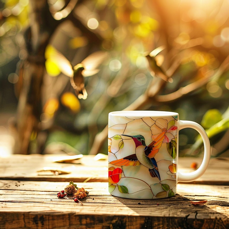 Puede incluir: Una taza de cer&aacute;mica blanca con un dise&ntilde;o de vitral que presenta un colibr&iacute; con acentos naranja, verde y azul. La taza tiene un asa negra y est&aacute; sentada sobre una superficie de madera.