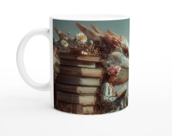 Op de afbeelding: Witte keramische mok met een fantasie-illustratie. Een stapel boeken, bloemen en een drakenkop staan links. Een persoon met een bloemenkrans leest een boek. De achtergrond is lichtblauw.