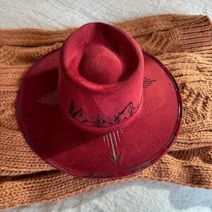 Hand Burned Wide Brim Hat/Fedora | Mountains | Trees | Made in Montana | MEDIUM (standard fit) | Valentine’s Red