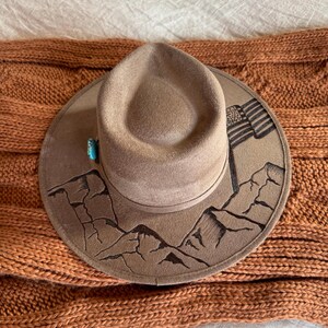 Hand Burned Wide Brim Hat/Fedora | America | American Flag | Mountains | Trees | Made in Montana | MEDIUM (standard fit)