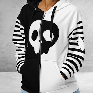 Y2K Emo Hoodie Czaszka i haftowane serce Starszy Emo Koszulka Prezent Yami Kawaii Sweter Miękkie ubrania Grunge Unisex Oversized Hoodie Czarno-biały