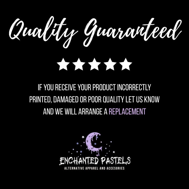 Pode incluir: Gr&aacute;fico preto com o texto "Quality Guaranteed" em escrita branca acima de cinco estrelas brancas. O texto abaixo indica a pol&iacute;tica de substitui&ccedil;&atilde;o. O logotipo da Enchanted Pastels est&aacute; na parte inferior.