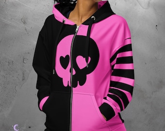 Y2K Emo Skull Hoodie: Pink & Black Soft Grunge Streetwear