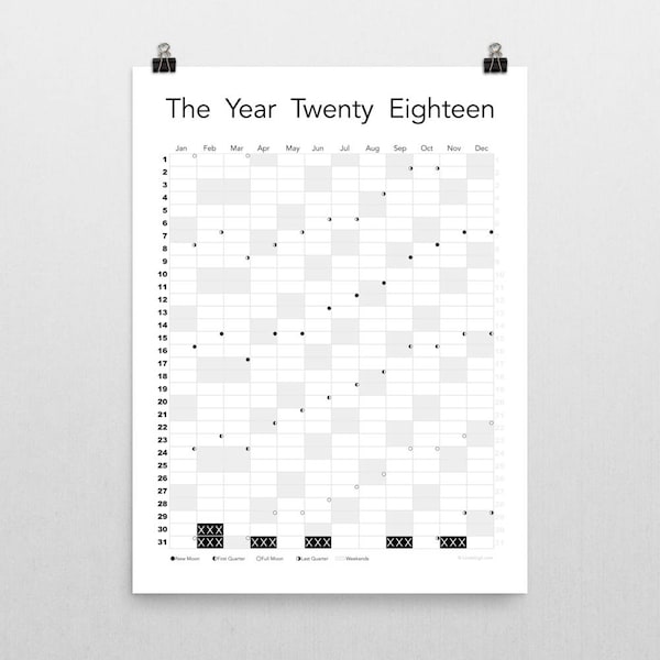 The Year 2018 Kalender - DRUCKBAR - Minimales Design mit Mondphasen 18x24 Wandposter