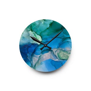 Alcohol Ink Painting, Coastal Acrylic Wall Clock, Fine Art Clock, Round and Square, Blue and Green, Blue Clock, Green Clock, Ink Painting