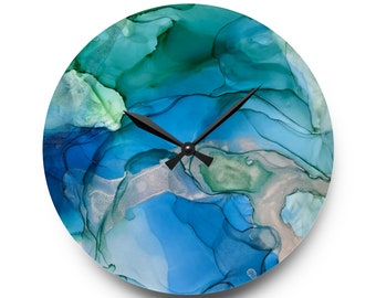 Peinture à l'encre d'alcool, horloge murale acrylique côtière, horloge fine art, ronde et carrée, bleu et vert, horloge bleue, horloge verte, peinture à l'encre