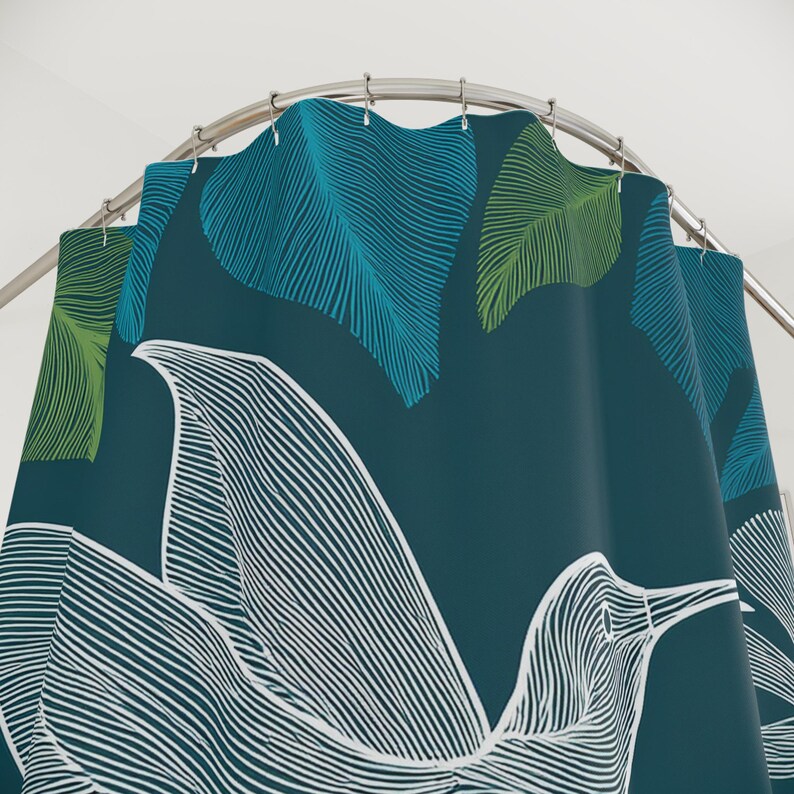 Hummingbird Leaves Shower Curtain | Teal Botanical Bathroom - Etsy